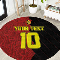 Round red and black football rug with 'YOUR TEXT' and large yellow '10' center