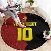Round football rug, red and black, with 'YOUR TEXT' and yellow '10' graphic