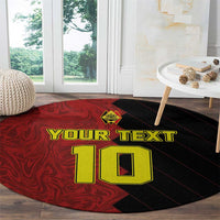Round red and black football rug with 'YOUR TEXT' and yellow '10' design