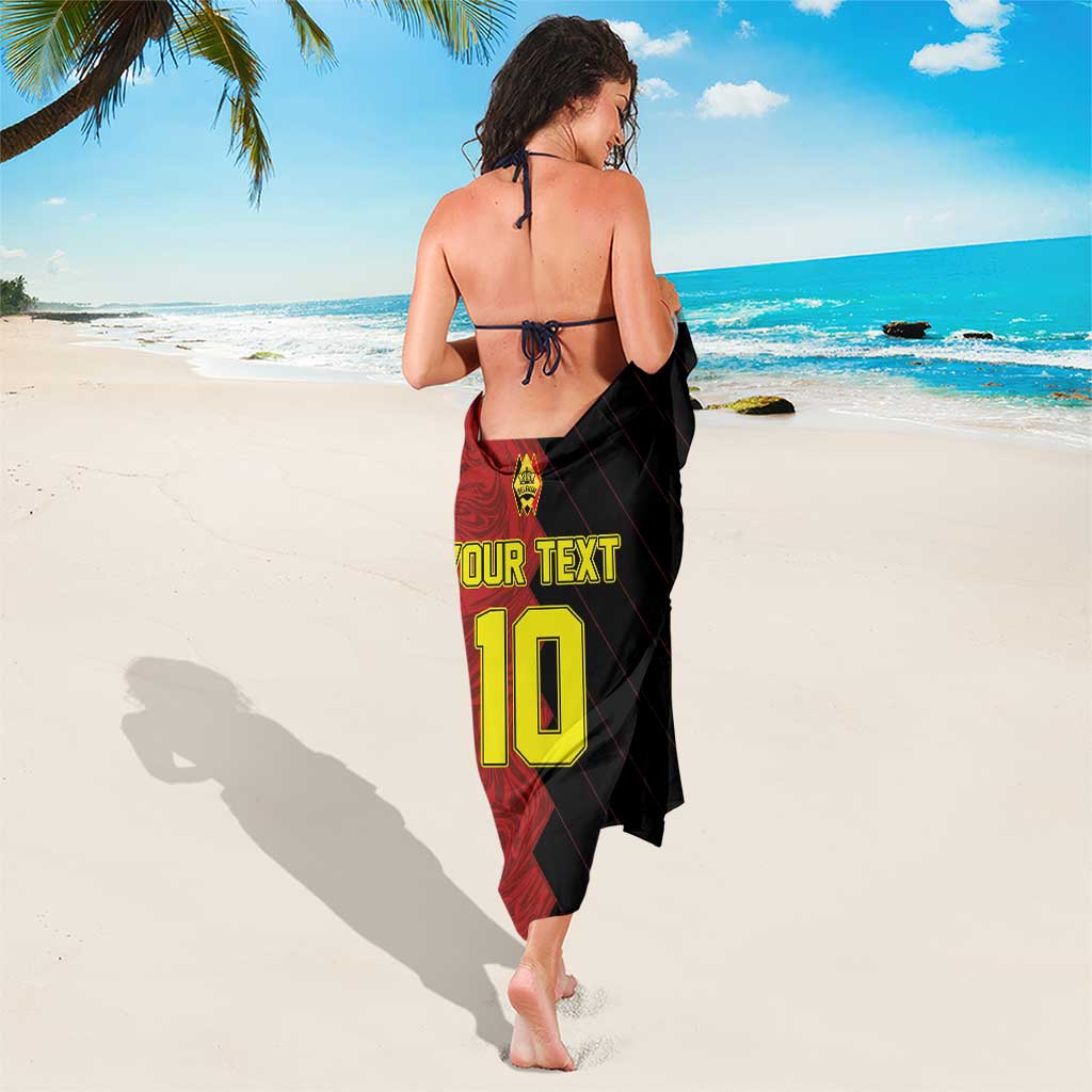 Red and black custom football sarong, back view, 'OUR TEXT' and yellow number 10
