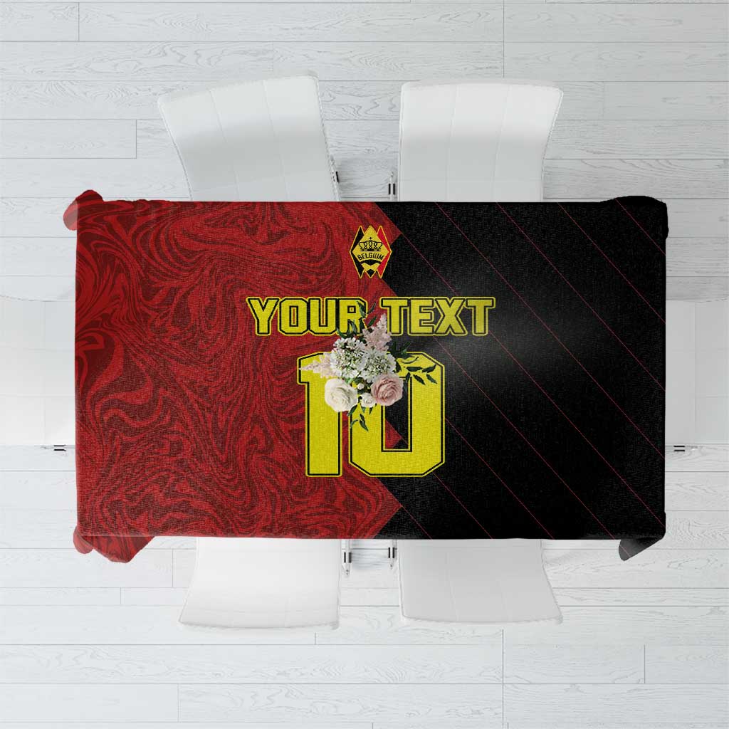 Red and black football tablecloth with customizable 'YOUR TEXT' graphic