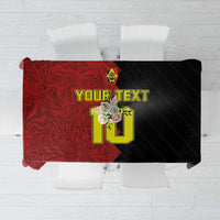 Red and black football tablecloth with customizable 'YOUR TEXT' graphic