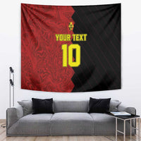Red and black football tapestry with yellow crest, 'YOUR TEXT' and number 10, wall-hanging