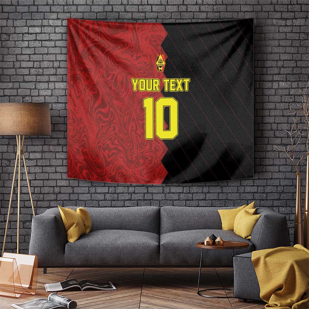 Red and black football tapestry with yellow crest, bold 'YOUR TEXT' and number 10