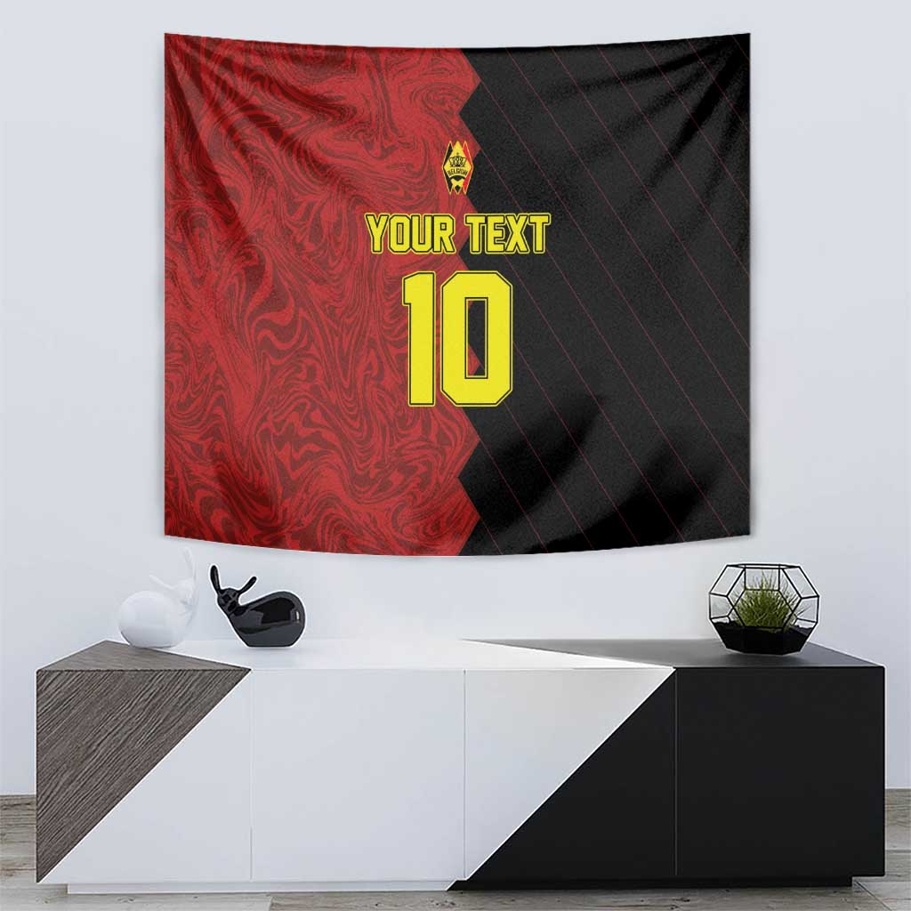 Red and black football tapestry with yellow crest above number 10 and 'YOUR TEXT'