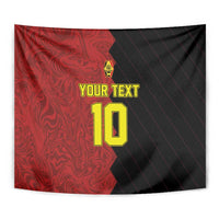 Red and black football tapestry close-up with yellow crest, 'YOUR TEXT' and number 10