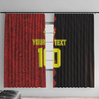 Red custom window curtain with printed text and number, front-on view showing full panel