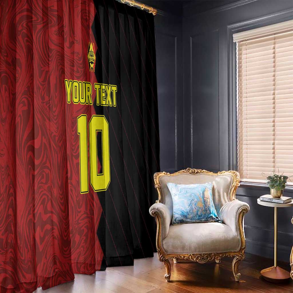 Red custom window curtain with printed text and large number overlay, full-height hanging