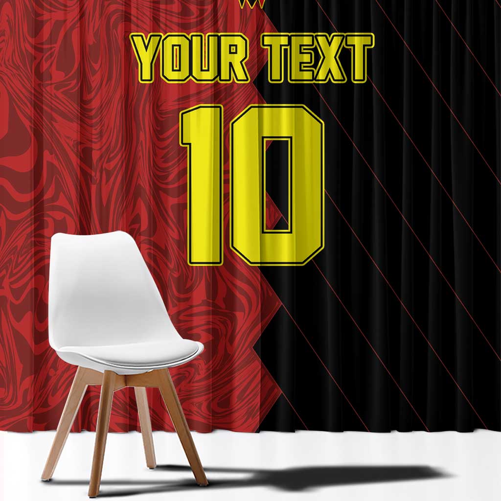 Red custom window curtain close-up with bold text and large number graphic