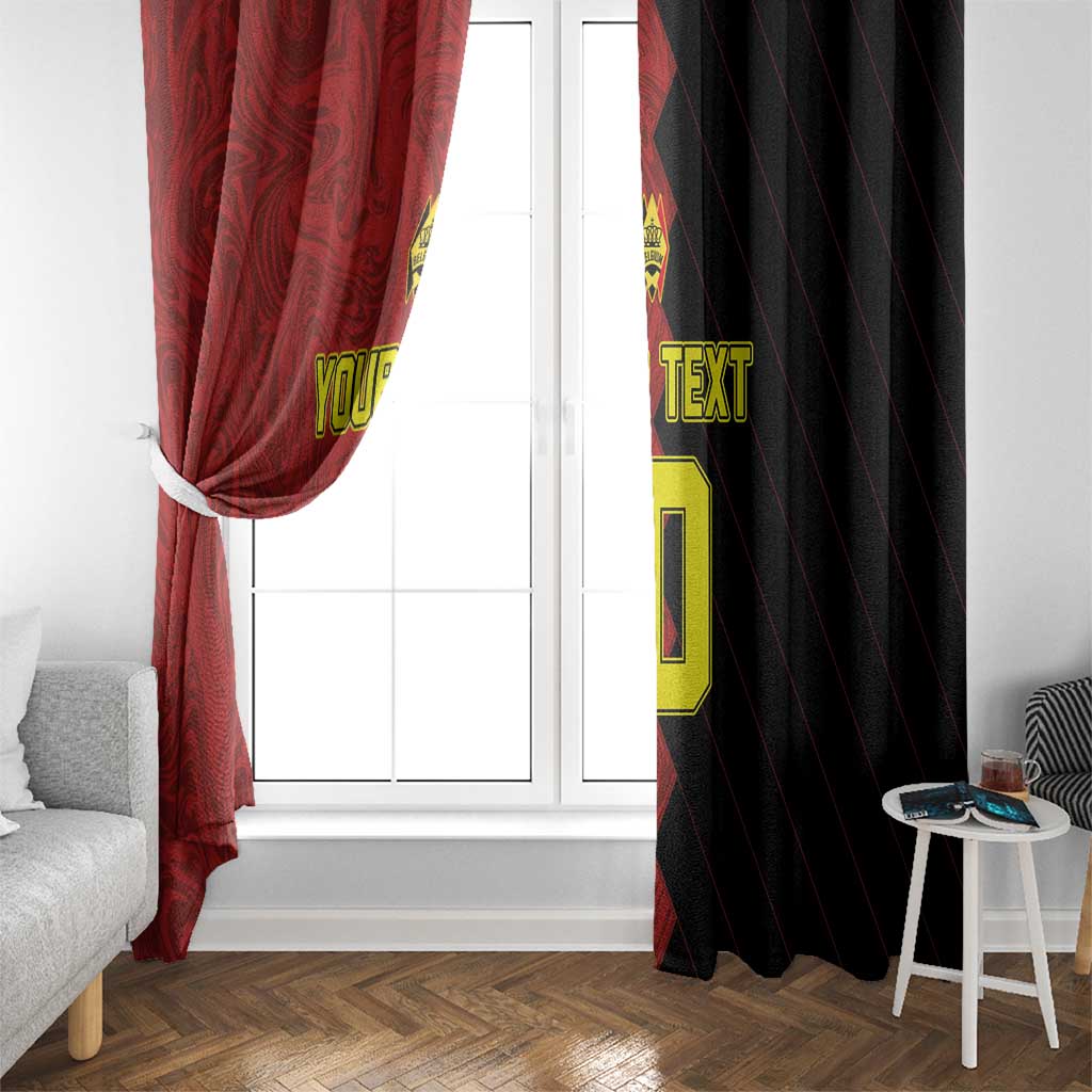 Red custom window curtain draped at window with printed text and large number
