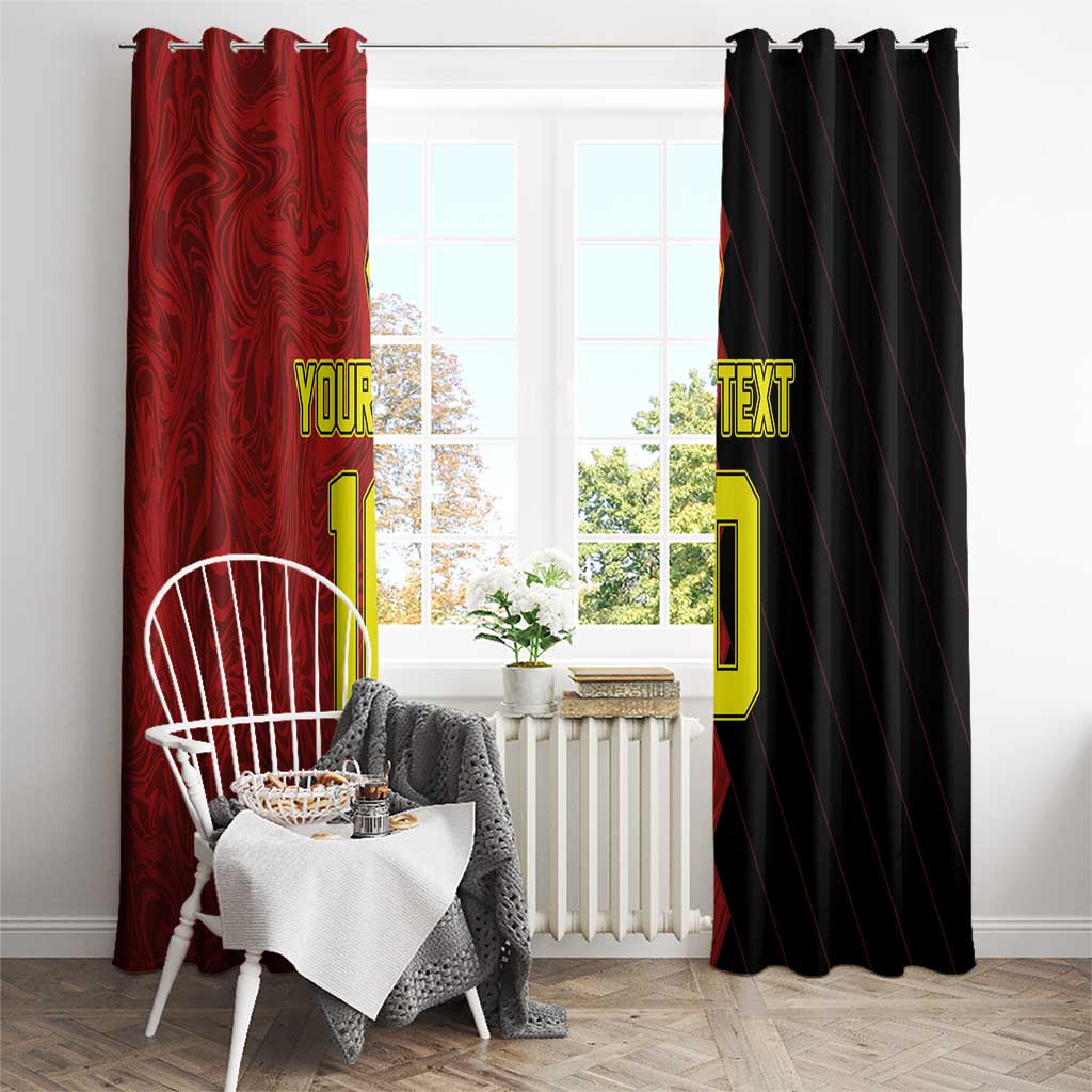 Red custom window curtain with printed text and number, paired with black curtain panel