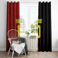 Red custom window curtain with printed text and number, paired with black curtain panel