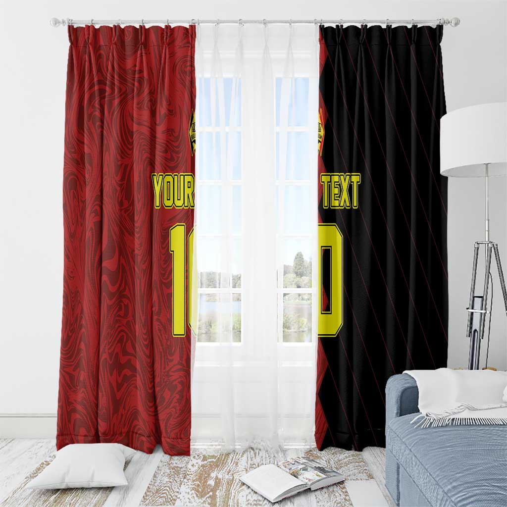 Red custom window curtain panel with printed text and large number, header with hanging hooks
