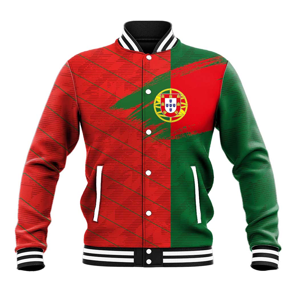 Red and green varsity baseball jacket with snap front, striped ribbed cuffs and collar
