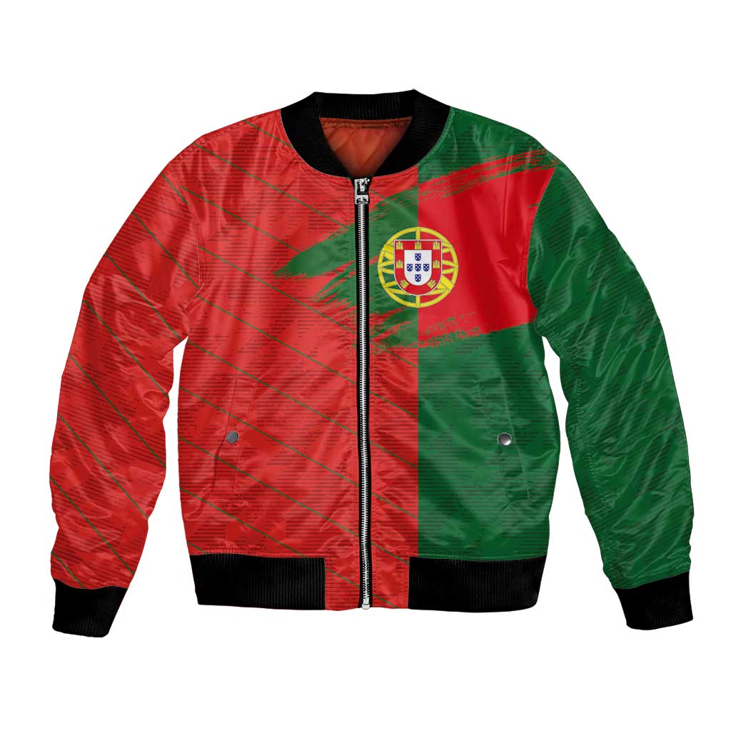 Red and green Portuguese flag bomber jacket with full zipper, team crest on chest