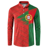 Red and green button-front sweatshirt with Portugal crest logo on chest.