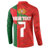 Red and green button-back sweatshirt with 'YOUR TEXT' and large number 1 graphic.