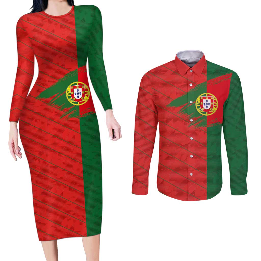 Custom Portugal Football 2024 Go Champion Couples Matching Long Sleeve Bodycon Dress and Long Sleeve Button Shirt - Wonder Print Shop