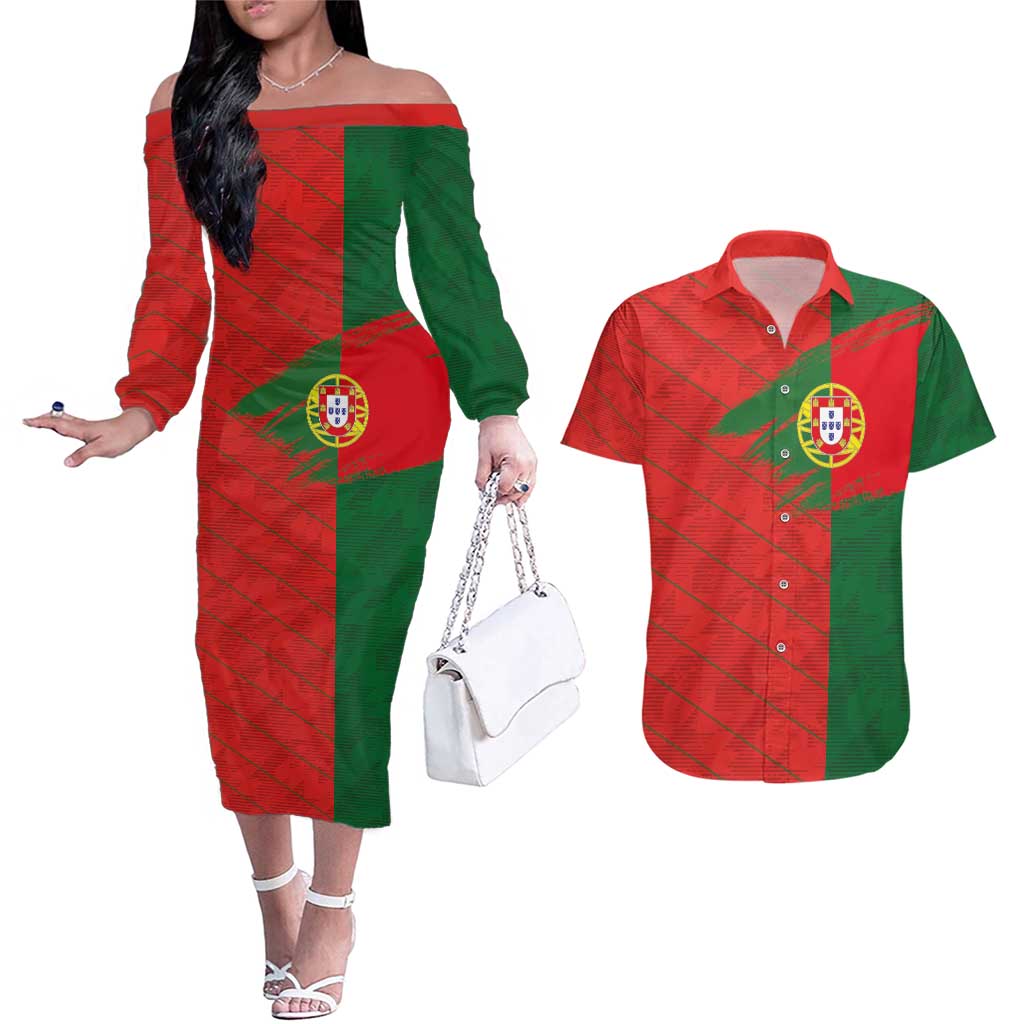 Custom Portugal Football 2024 Go Champion Couples Matching Off The Shoulder Long Sleeve Dress and Hawaiian Shirt - Wonder Print Shop