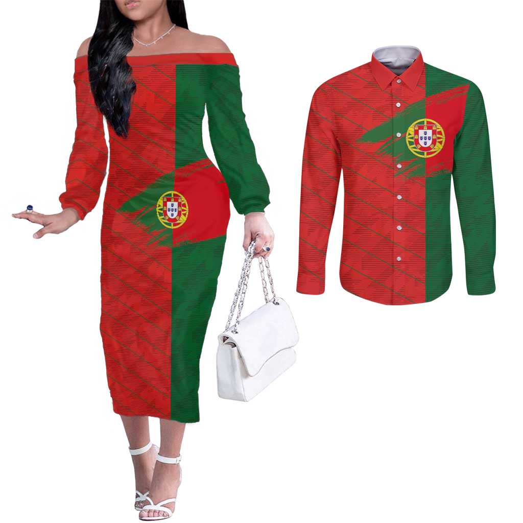 Custom Portugal Football 2024 Go Champion Couples Matching Off The Shoulder Long Sleeve Dress and Long Sleeve Button Shirt