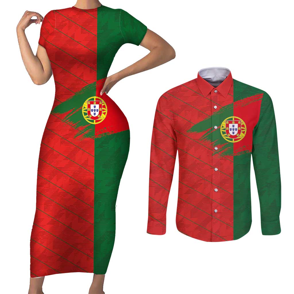 Custom Portugal Football 2024 Go Champion Couples Matching Short Sleeve Bodycon Dress and Long Sleeve Button Shirt - Wonder Print Shop