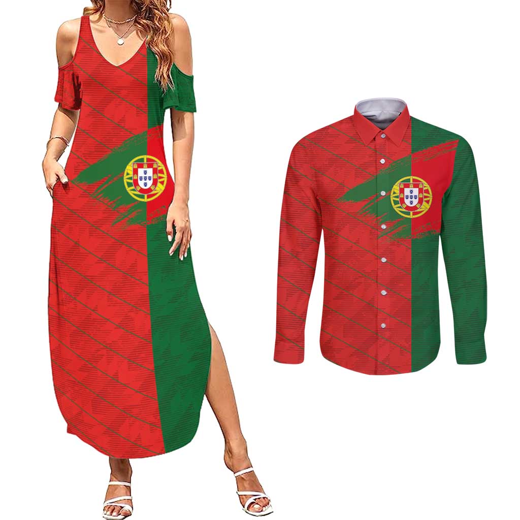 Custom Portugal Football 2024 Go Champion Couples Matching Summer Maxi Dress and Long Sleeve Button Shirt - Wonder Print Shop