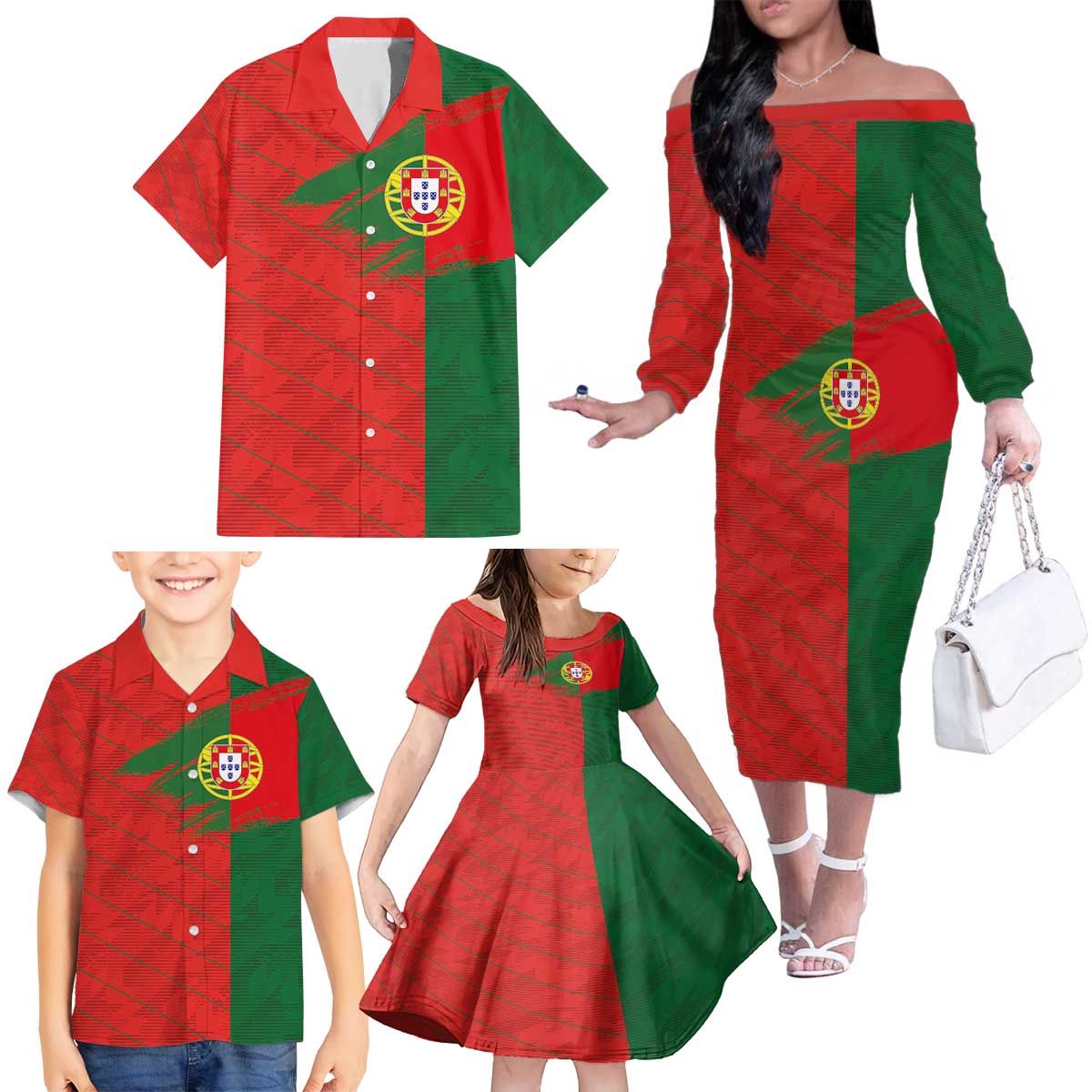 Custom Portugal Football 2024 Go Champion Family Matching Off The Shoulder Long Sleeve Dress and Hawaiian Shirt - Wonder Print Shop