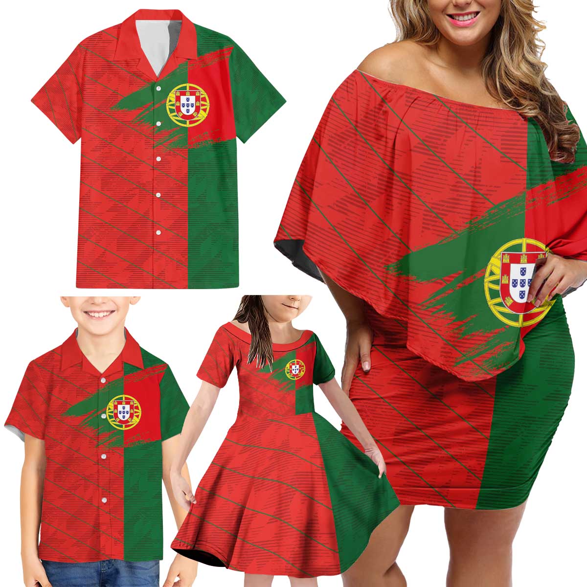 Custom Portugal Football 2024 Go Champion Family Matching Off Shoulder Short Dress and Hawaiian Shirt - Wonder Print Shop