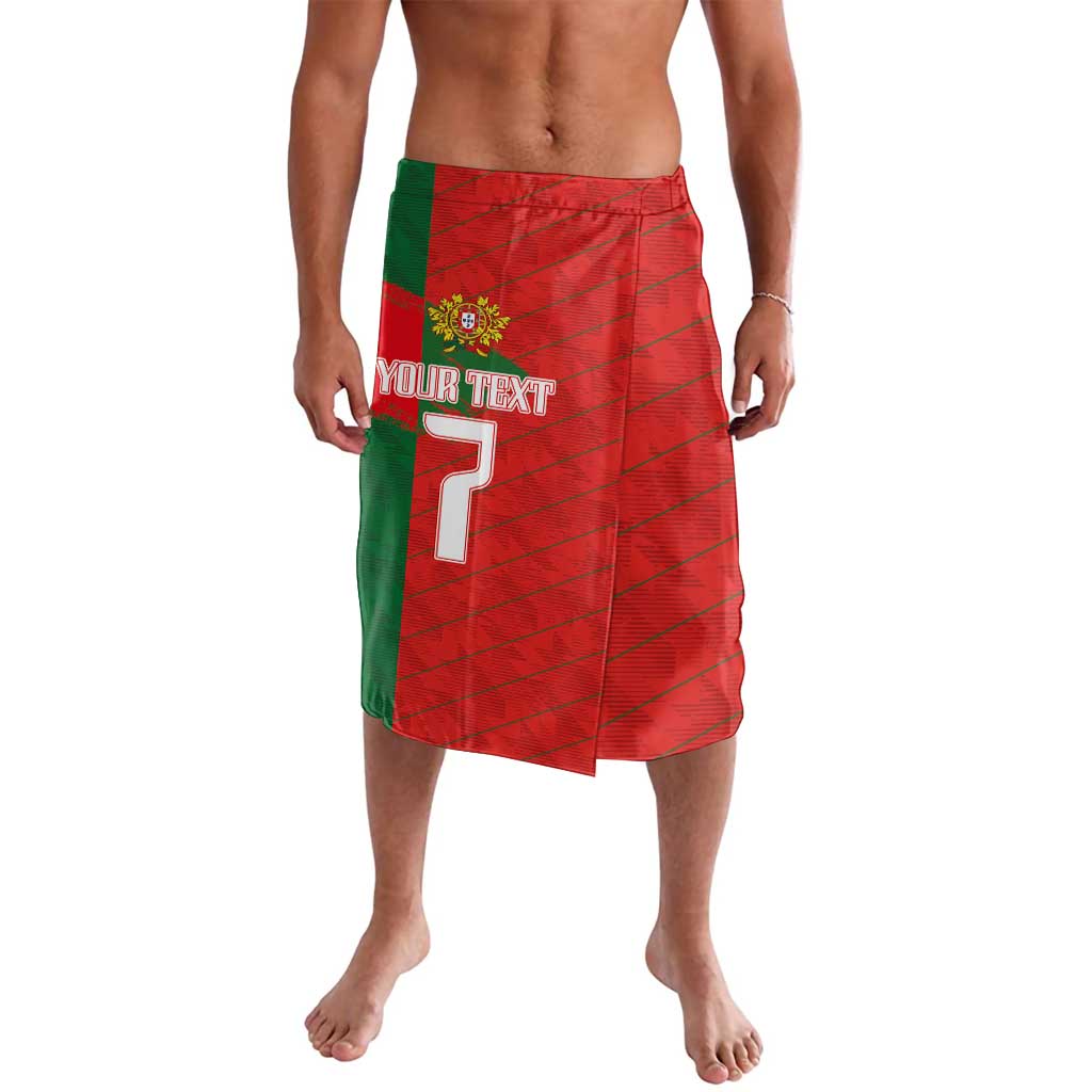 Red Portugal lava-lava with green border, crest, and 'YOUR TEXT' number 7