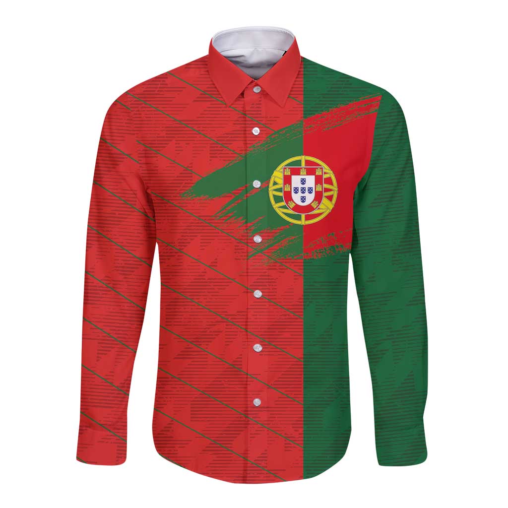 Red and green long-sleeve button football shirt with Portugal crest on chest