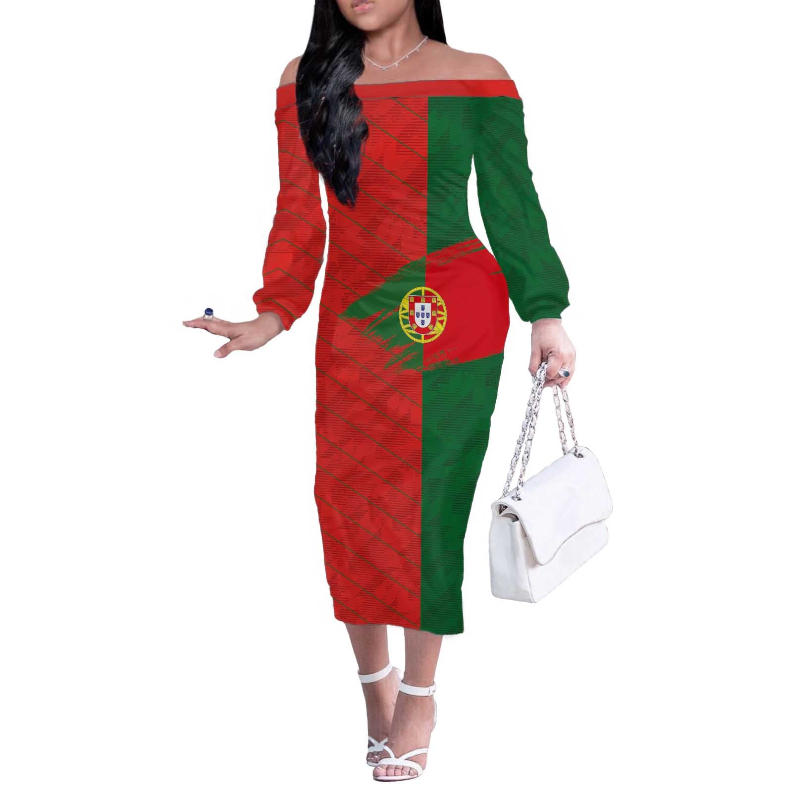 Custom Portugal Football 2024 Go Champion Off The Shoulder Long Sleeve Dress - Wonder Print Shop