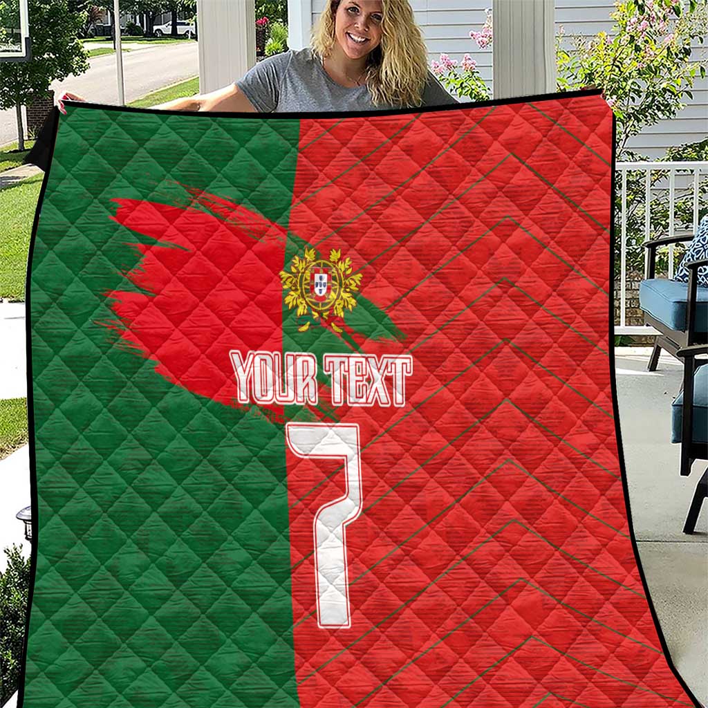 Custom Portugal football quilt, green/red panels with crest, '7' and custom text, held up