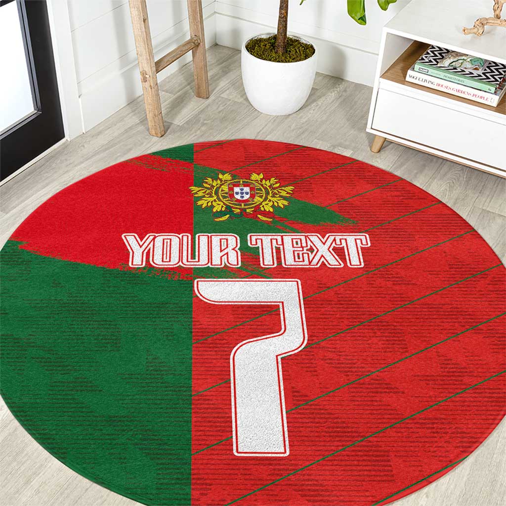 Red and green round football rug with crest and large custom text, white border
