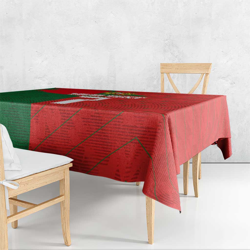 Portugal 2024 football tablecloth, red and green patterned surface with draped edge