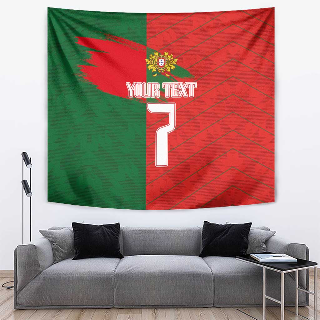 Football tapestry in green and red Portugal flag design with crest, number 7, and custom text
