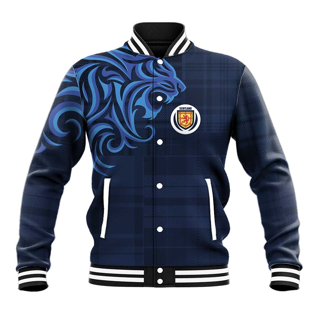 Blue patterned baseball jacket with snap-button front, ribbed striped collar, cuffs, and hem