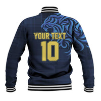Navy-blue baseball jacket back with blue animal graphic, 'YOUR TEXT' and number 10