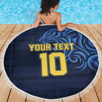 Round beach blanket with white fringe; navy swirl background with gold Your Text 10