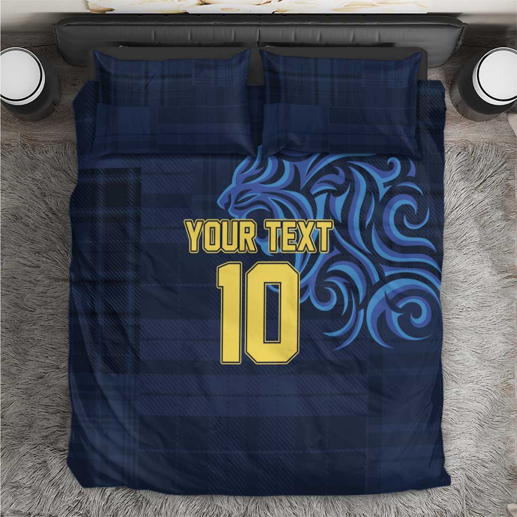 Blue plaid bedding set with your text and number 10 graphic on duvet and pillowcases
