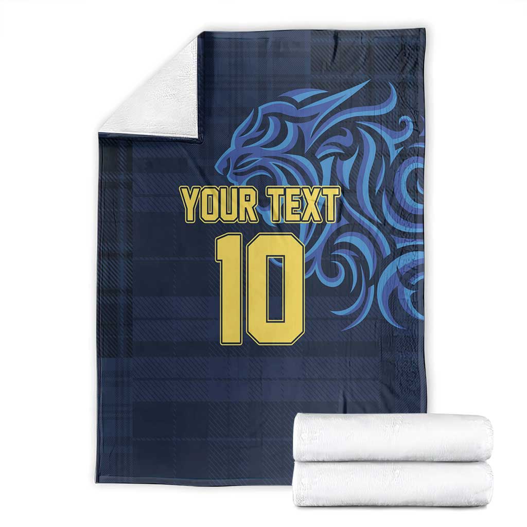 Custom blue sports blanket with 'Your Text' and number 10 design, with folded white rolls