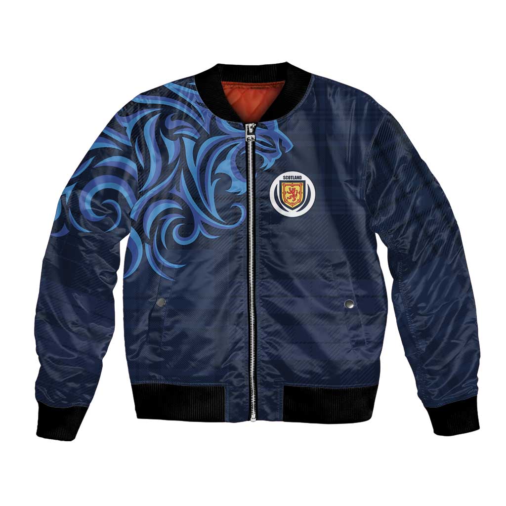 Unisex blue bomber jacket, zip front, ribbed cuffs, swirl pattern, chest crest patch
