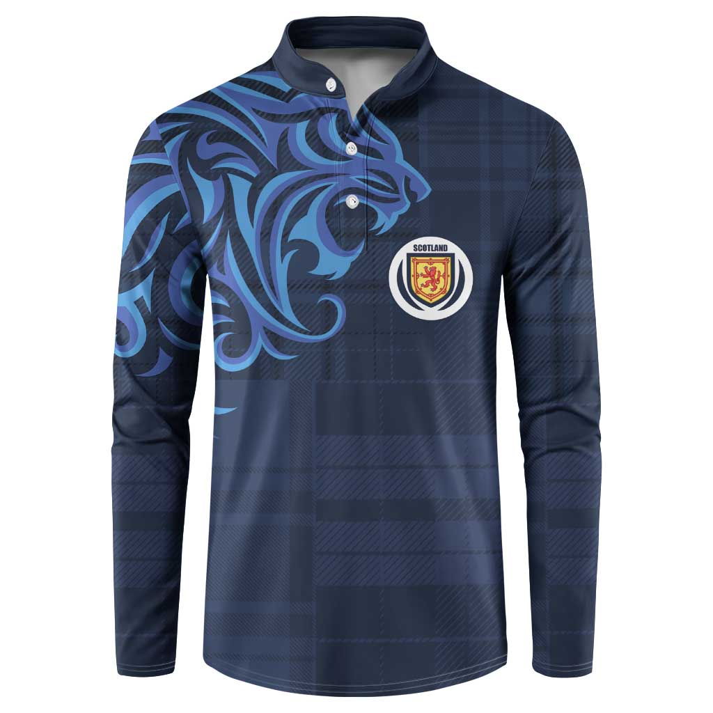 Dark blue button-front sweatshirt with blue lion graphic and Scotland crest