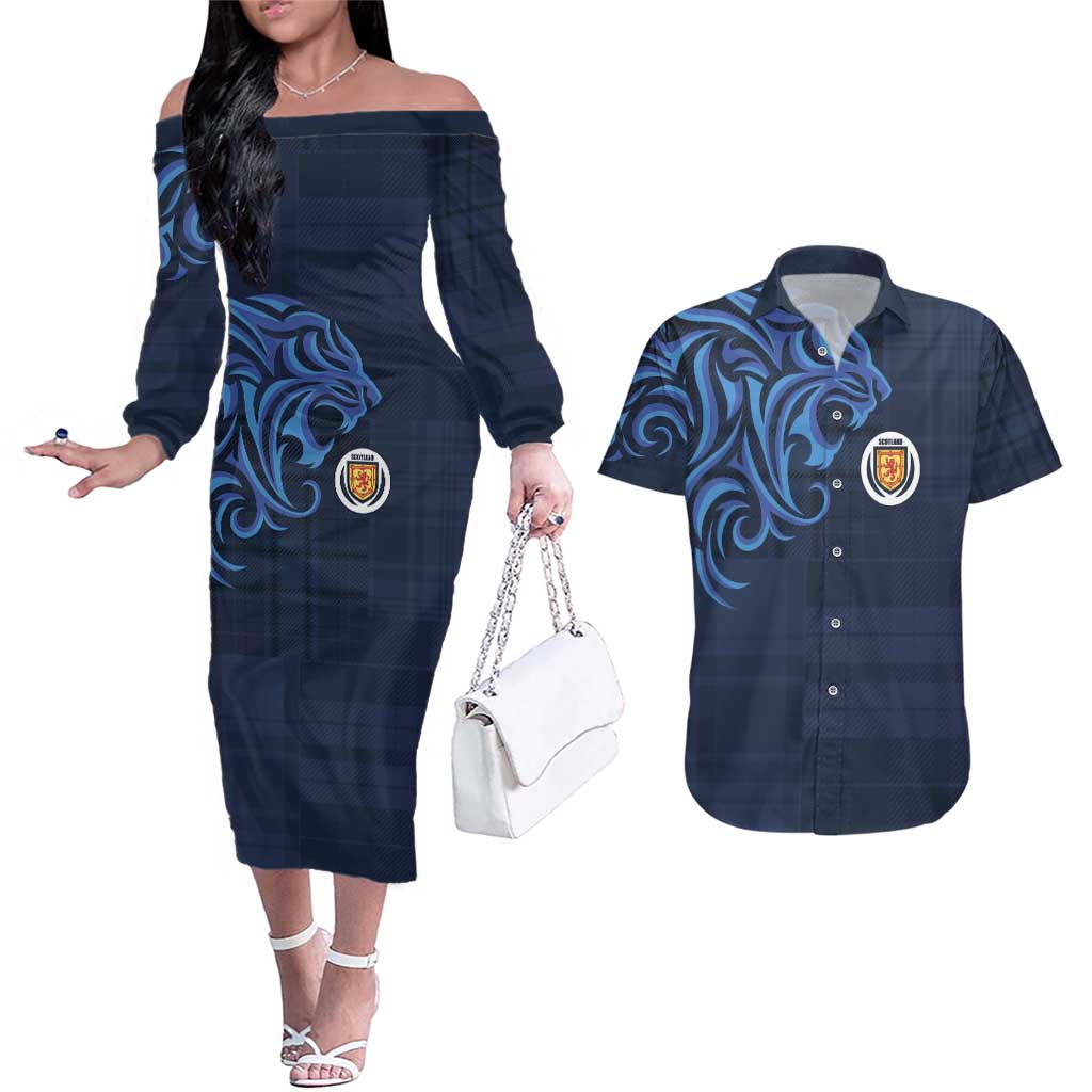 Custom Scotland Football 2024 Go Champion Couples Matching Off The Shoulder Long Sleeve Dress and Hawaiian Shirt - Wonder Print Shop