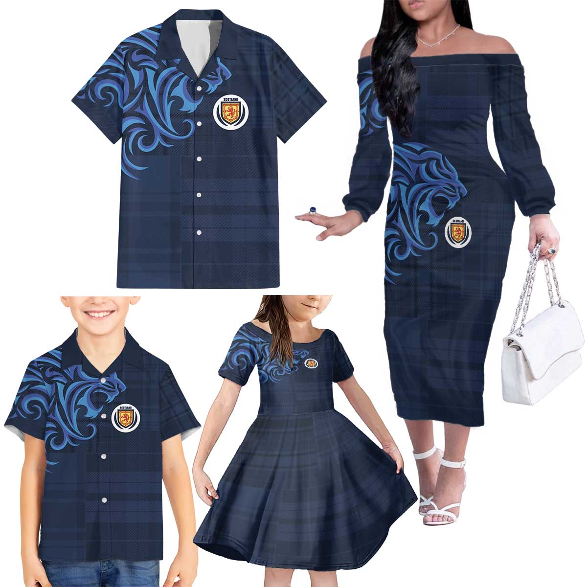 Custom Scotland Football 2024 Go Champion Family Matching Off The Shoulder Long Sleeve Dress and Hawaiian Shirt - Wonder Print Shop