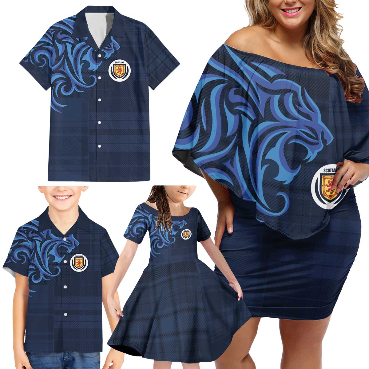 Custom Scotland Football 2024 Go Champion Family Matching Off Shoulder Short Dress and Hawaiian Shirt - Wonder Print Shop