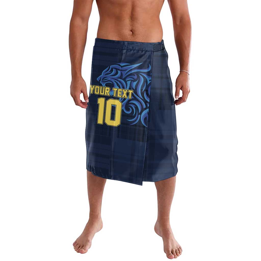 Men's blue plaid football shorts with elastic waist, front graphic and number 10