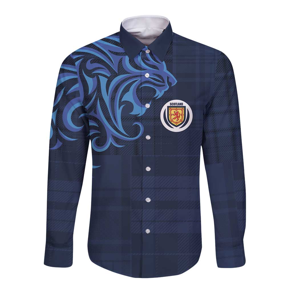 Blue long-sleeve button shirt with plaid pattern, Scotland crest patch and dragon design