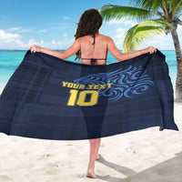 Blue football sarong draped with "YOUR TEXT" and number 10 swirl design