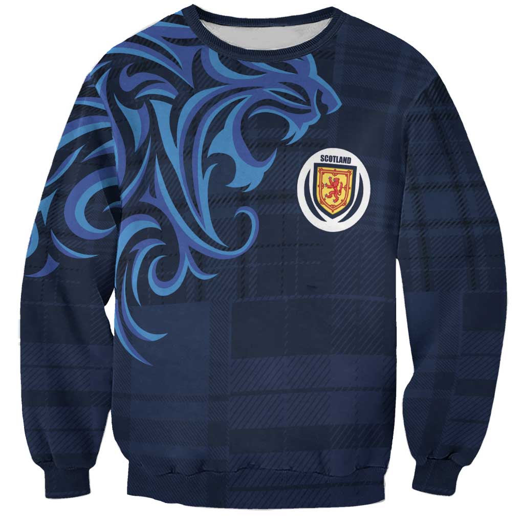 Navy blue sweatshirt with Scotland crest and blue lion graphic, crewneck.