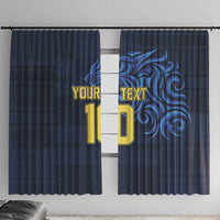 Blue window curtains with custom text and number, two panels on rod